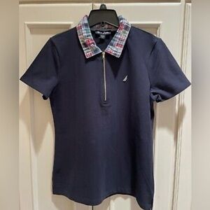 Nautica Navy Blue Polo Shirt with Plaid Collar XL barely worn
